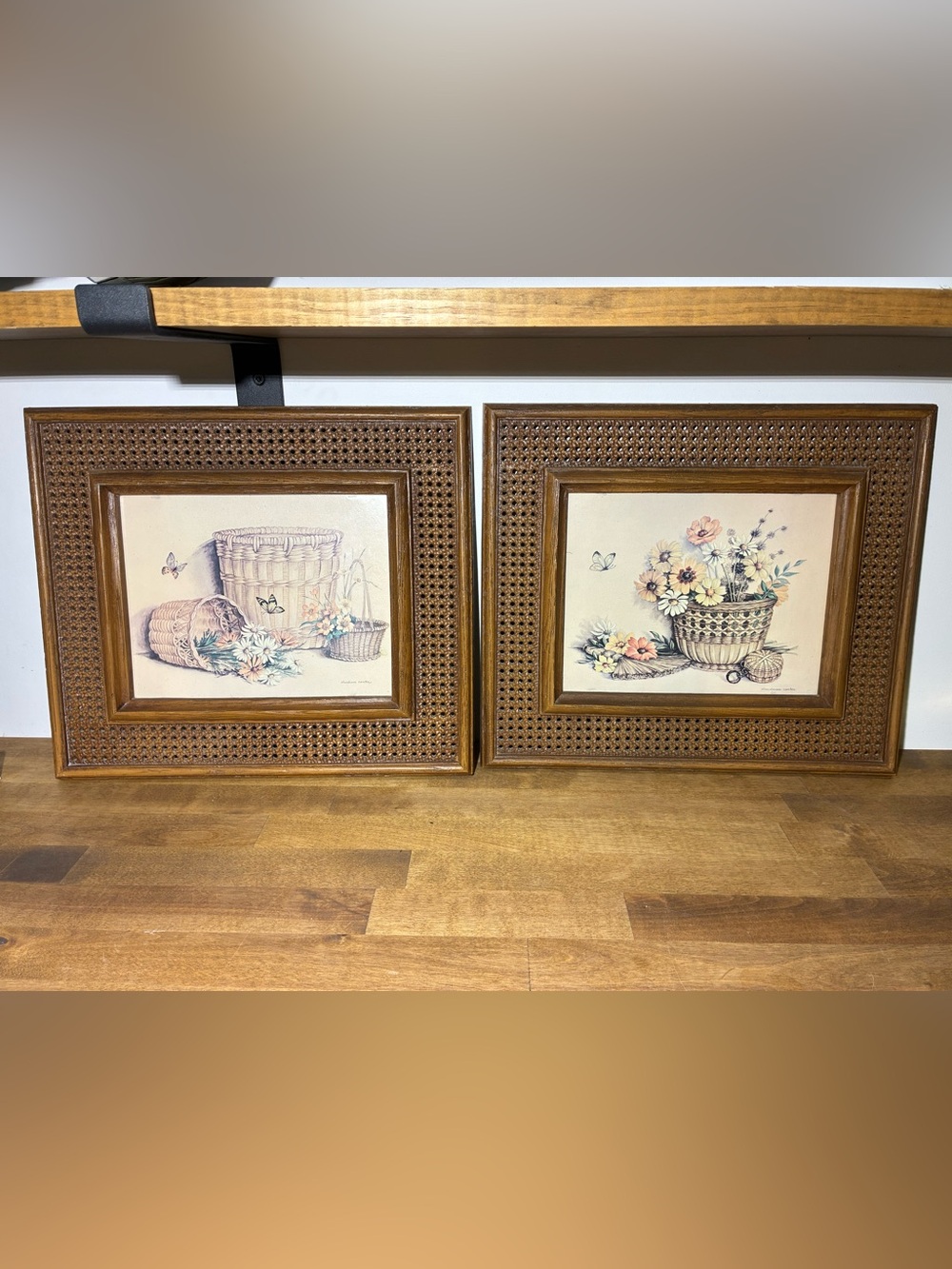 Vintage HOMCO Claudessa Carter Floral Basket Prints Faux Wicker Frames Set 2